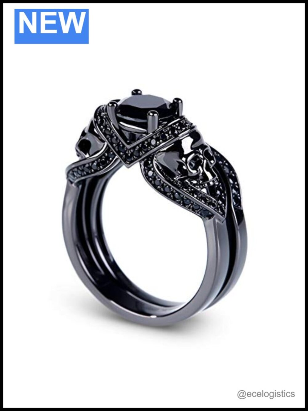 Sterling Silver Skull Ring Bridal Set Round Cut Engagement Wedding